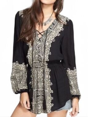 Free People Tunic Lace Up Tapestry Long Sleeve Boho Wildest Moments Black Small